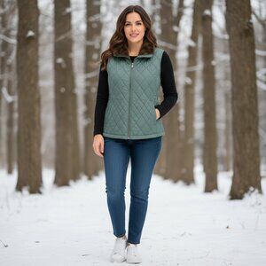 Eddie Bauer Quilted Vest Women's XL Goose Down Removable Faux Fur Collar Pockets